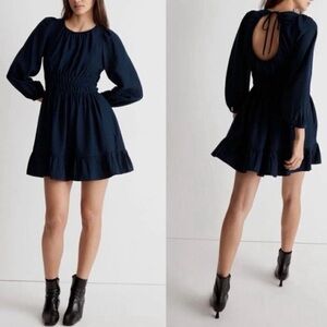 Madewell Open Back Tiered Long Balloon Sleeve Smocked Dress Large Sophia Blue